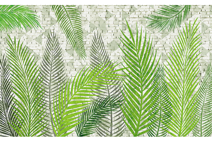 Фотообои «Пальмовые листья на кирпичной стене»