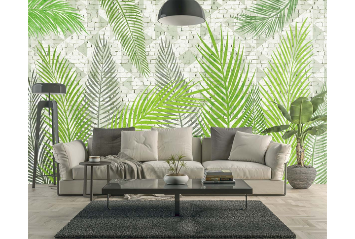 Фотообои «Пальмовые листья на кирпичной стене» в интерьере