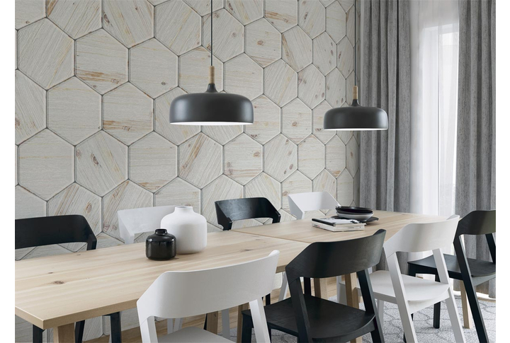 Фотообои «Шестигранники под светлое дерево» в интерьере