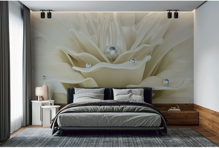 Фотообои «Объемный цветок с жемчугом» в интерьере