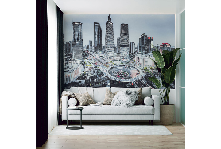 Фотообои «Ночной город Шанхай в черно-белых тонах» в интерьере