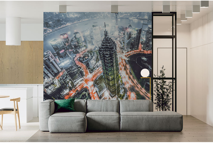 Фотообои «Над ночным городом Шанхай» в интерьере