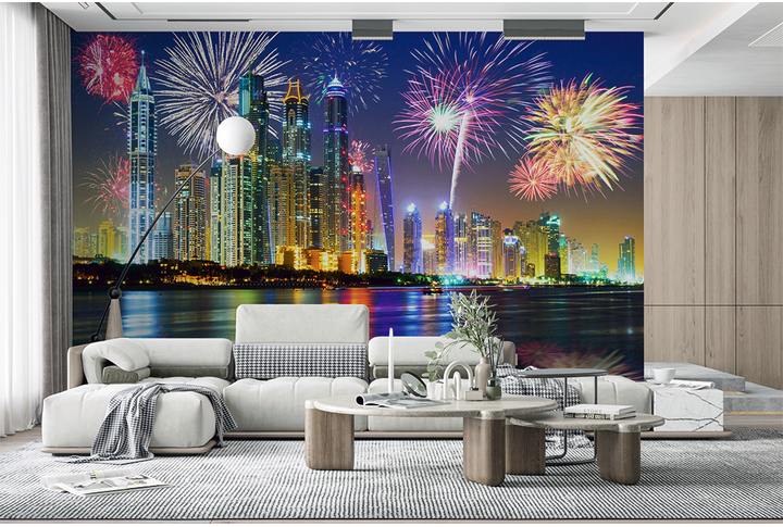 Фотообои «Салют над ночным Дубаем» в интерьере