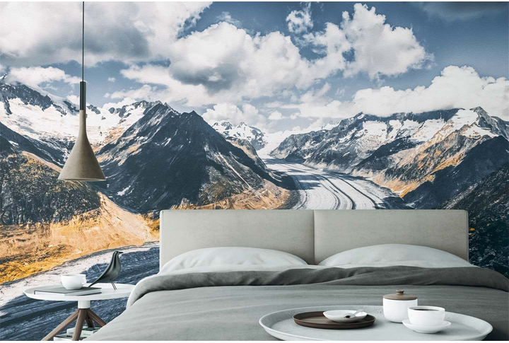 Фотообои «Горный пейзаж в серых оттенках» в интерьере