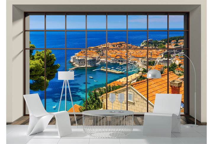 Фотообои «Окно на побережье старого города» в интерьере