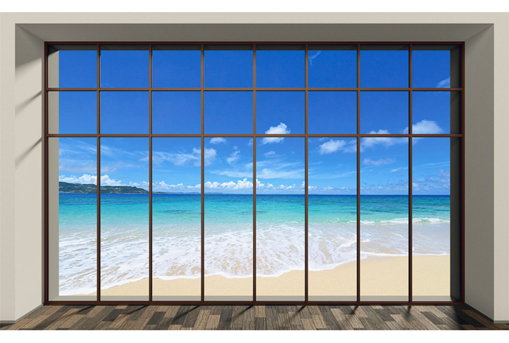 Фотообои «Панорамное окно с видом на морской пляж»