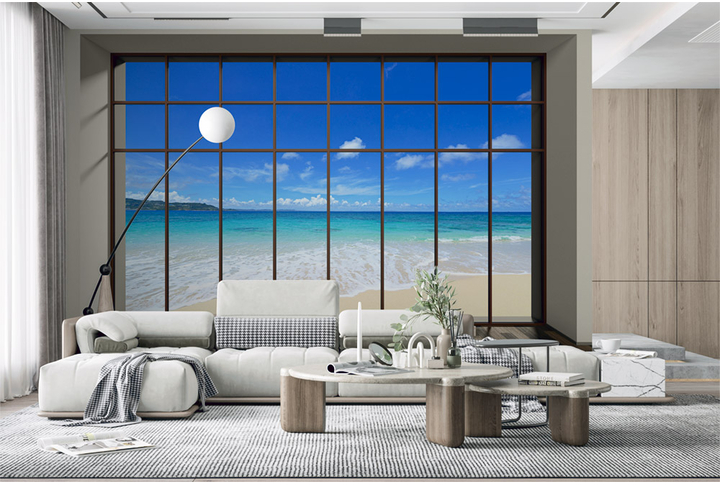 Фотообои «Панорамное окно с видом на морской пляж» в интерьере