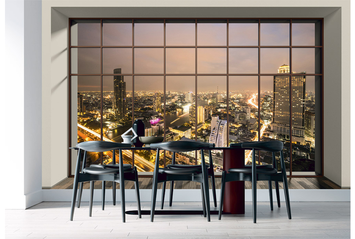 Фотообои «Окно с видом на ночной Бангкок» в интерьере