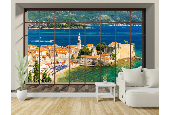 Фотообои «Окно с видом на старый городок» в интерьере