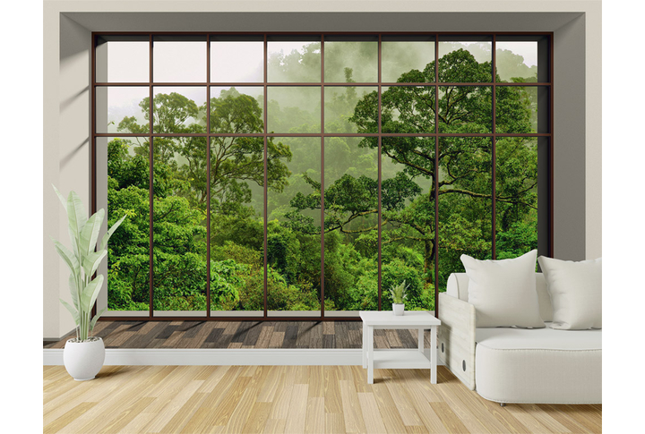 Фотообои «Вид из окна на туманный лес» в интерьере