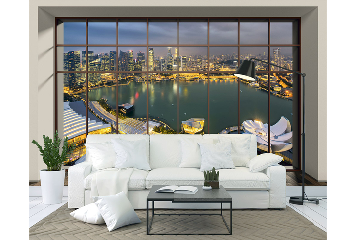 Фотообои «Панорамное окно на ночной Сингапур» в интерьере