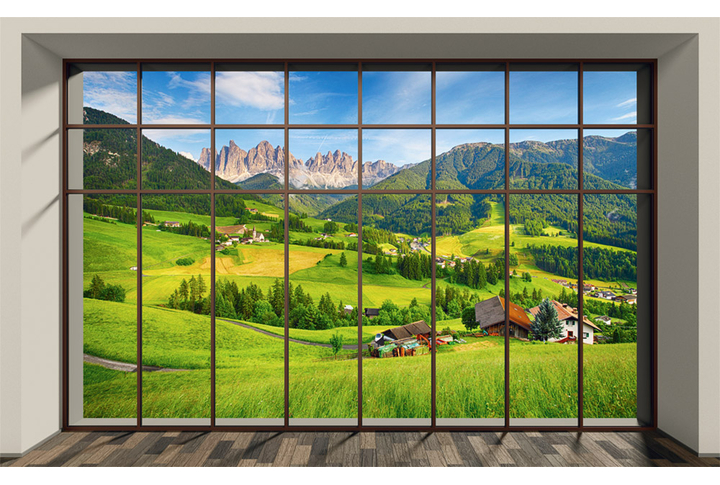 Фотообои «Окно на горы и альпийские луга»