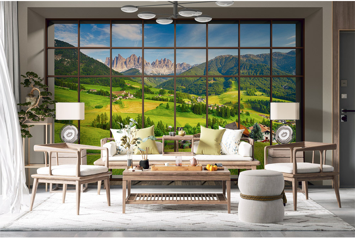 Фотообои «Окно на горы и альпийские луга» в интерьере