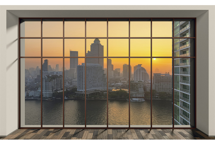 Фотообои «Вид из окна на закат над городом»