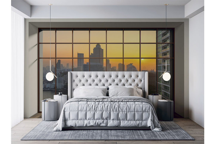 Фотообои «Вид из окна на закат над городом» в интерьере