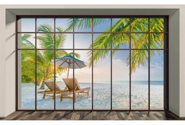Фотообои «Большое окно на морской пляж»