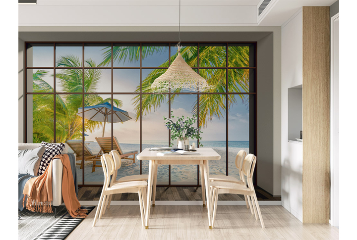 Фотообои «Большое окно на морской пляж» в интерьере