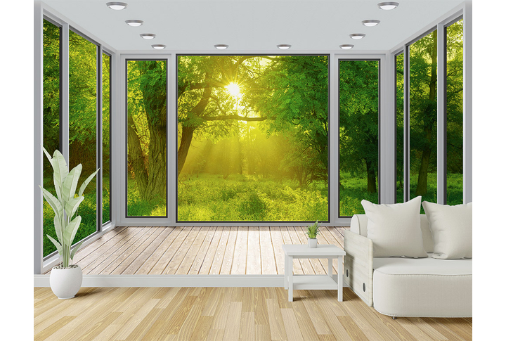 Фотообои «Окно в солнечном лесу» в интерьере