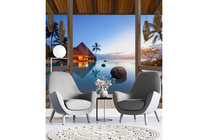 Фотообои «Веранда у моря на закате» в интерьере