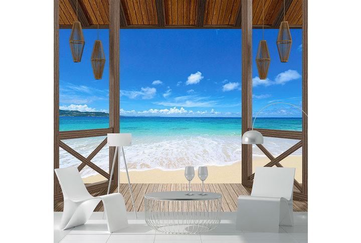 Фотообои «Терраса на деревянной веранде у берега моря» в интерьере