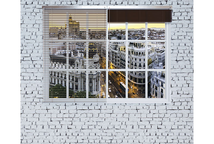 Фотообои «Кирпичная стена с окном с видом на город»