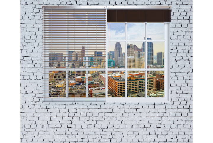 Фотообои «Окно в стиле лофт с видом на город»