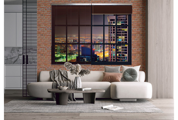 Фотообои «Окно на кирпичной стене с видом на Дубай, в стиле лофт» в интерьере