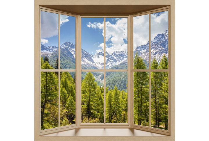 Фотообои «Вид с окна на пейзаж природы, горы и хвойный лес»