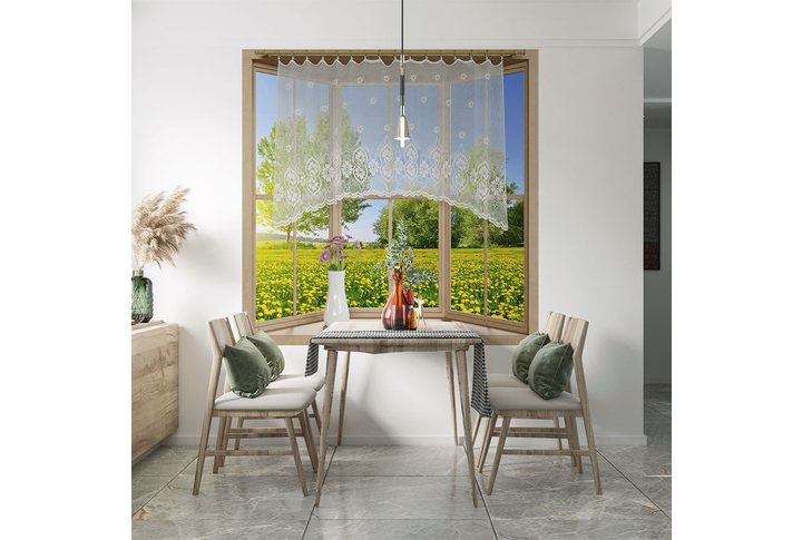 Фотообои «Деревенское окно с видом на природу и поле одуванчиков» в интерьере