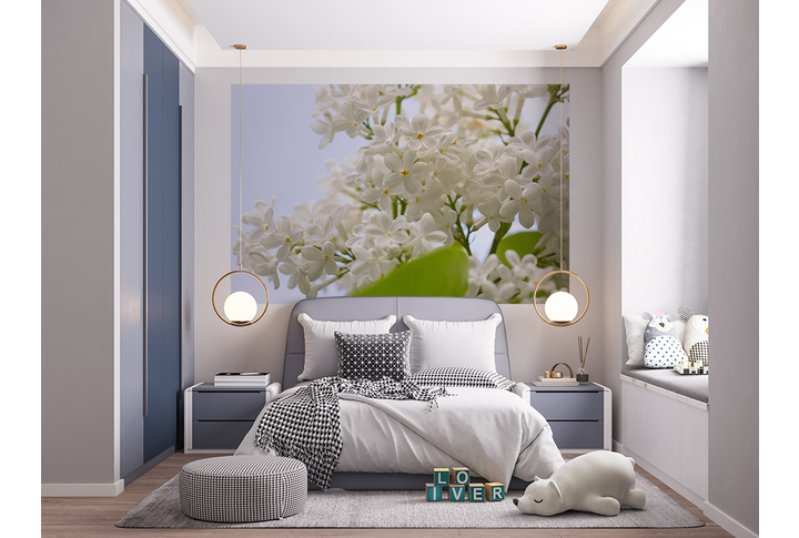 Фотообои «Белая сирень на нежно-голубом» в интерьере