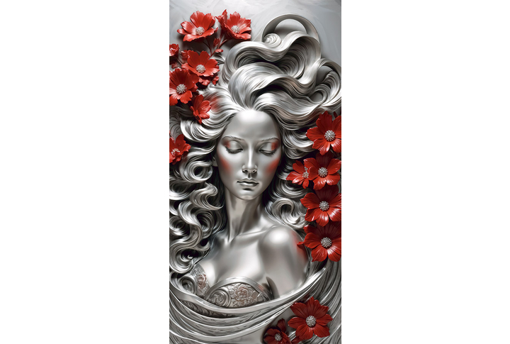 Фотообои «Барельеф 3D Девушка и алые цветы»