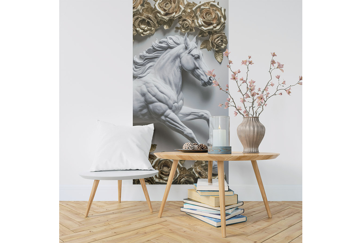 Фотообои «Скульптура лошади в позолоченных цветах» в интерьере