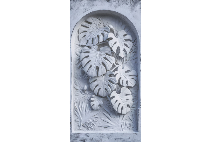 Фотообои «Листья монстеры под каменный барельеф в арке»