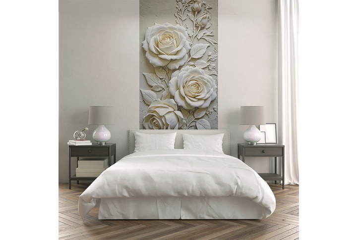 Фотообои «Барельеф Белые розы на каменной стене» в интерьере