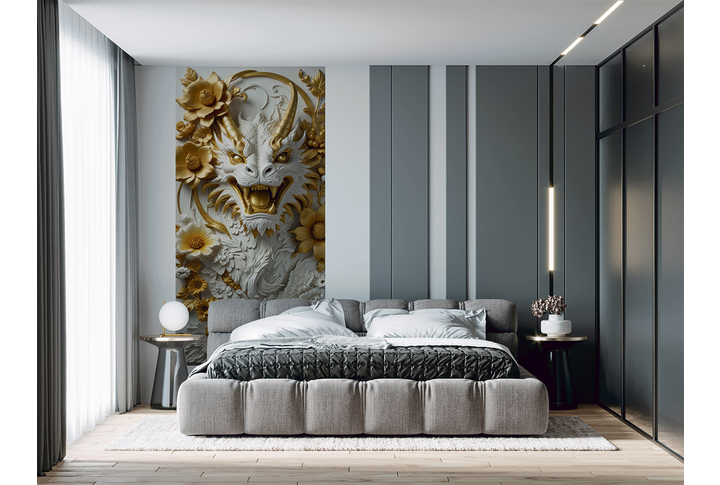 Фотообои «Барельеф Китайский дракон в золоте» в интерьере