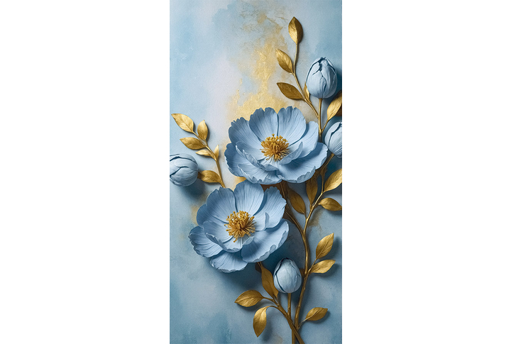 Фотообои «Голубые 3Д пионы на золотой ветке»