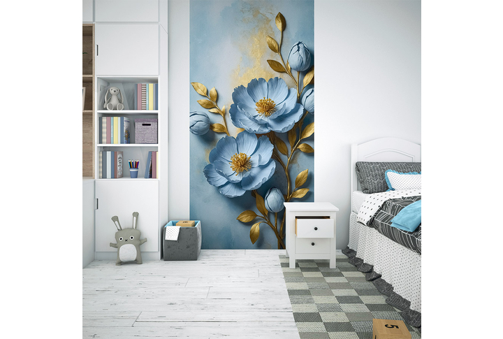 Фотообои «Голубые 3Д пионы на золотой ветке» в интерьере