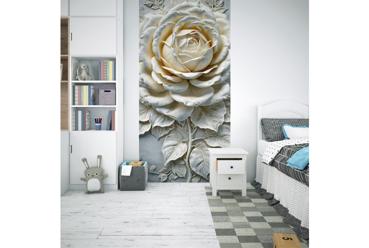 Фотообои «Белая роза 3Д под каменную фреску» в интерьере