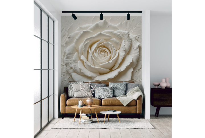 Фотообои «Объемный барельеф с розой под лепнину» в интерьере