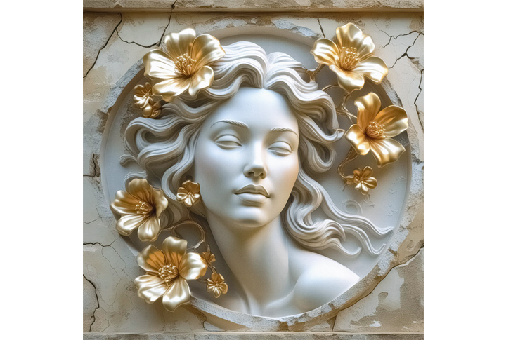 Фотообои «Девушка в золотых цветах под лепнину»