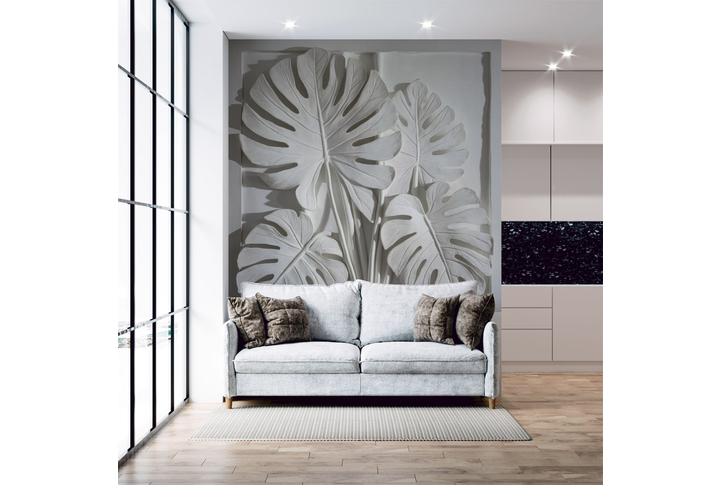 Фотообои «Тропические листья монстеры под каменную фреску» в интерьере