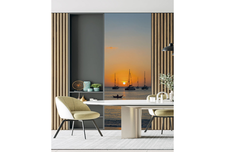 Фотообои «Лодки в свете морского заката» в интерьере