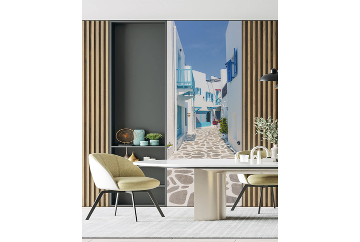 Фотообои «Светлый дворик на улочке Греции» в интерьере