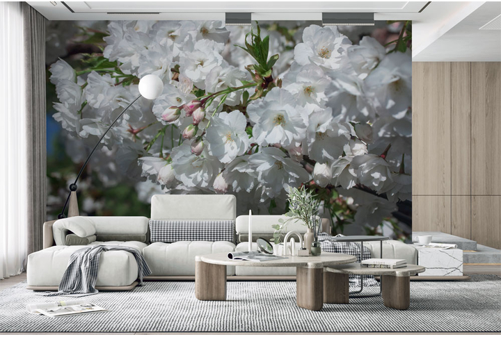 Фотообои «Белые цветы сакуры» в интерьере