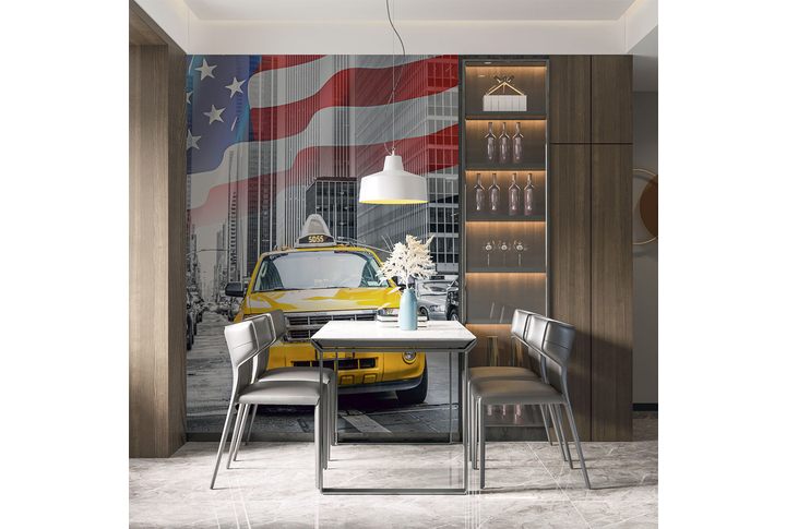 Фотообои «Чёрно-белая городская улица Нью-Йорка с акцентом на желтом такси» в интерьере