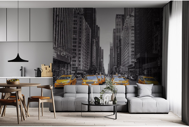 Фотообои «Черно-белый город с акцентом на желтом цвете» в интерьере