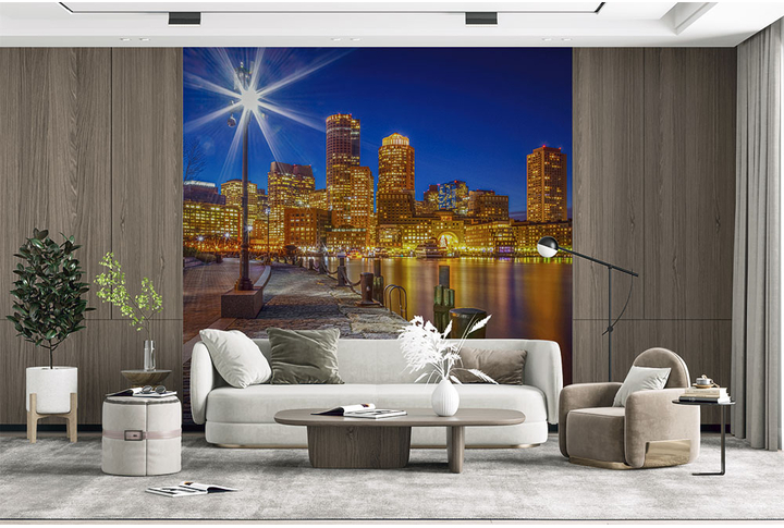 Фотообои «Ночной город Бостон, фонарь на улице» в интерьере