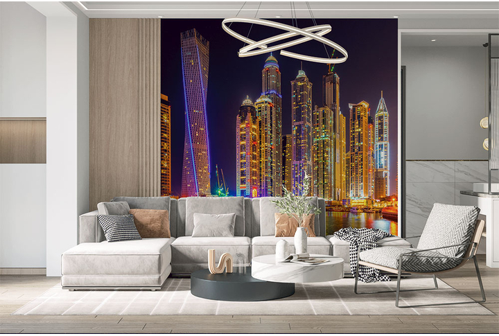 Фотообои «Вид ночного города Дубая в неоновых огнях» в интерьере
