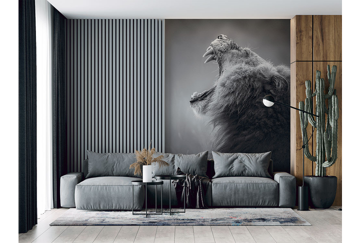 Фотообои «Рычащий лев в черно-белом стиле» в интерьере