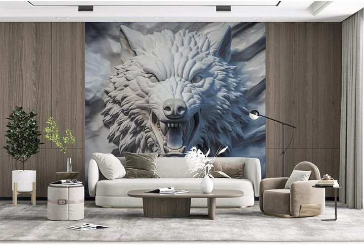 Фотообои «Волк под каменный барельеф» в интерьере